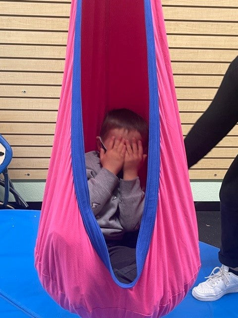child in a pod swing covering their face