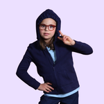 A child flashes the peace sign while wearing the Navy Zippered Sound Reducing Sensory Hoodie.