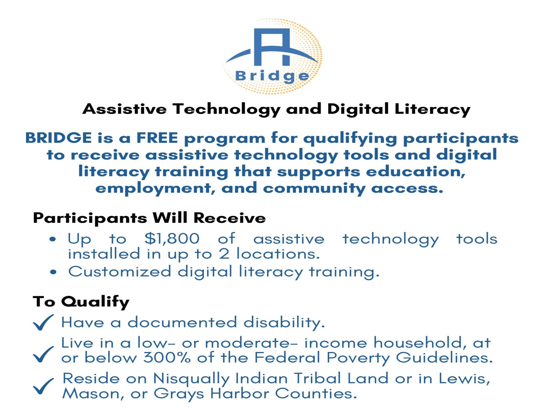 Flyer with a bridge logo and assistive technology and digital literacy