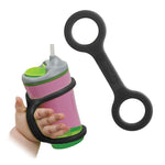 A baby's hand holds up a water bottle with the Black EaZyHold Adaptive Water Bottle Holder.