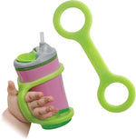 A baby's hand holds a small water bottle with the EaZyHold Adapative Bottle Holder.