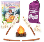The Educational Insights Campire Chatmallows set: a small plastic fire sits in the middle of four plastic sticks. Two of the sticks have different Chatmallows on them, and they are being lightly roasted over the fire.