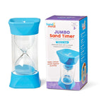 The Hand2Mind Jumbo 1 Minute Sand Timer sits next to its product package.
