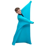 A child stretches in a blue body sock.