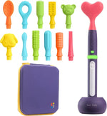 An infographic shows a colorful display of the 12 Soft Tips, the carrying case, and the rechargeable Buzz Buddy.