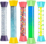 Five brightly colored liquid timers with different visual sensory elements.