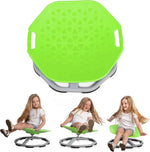 A product photo with a child in three different motion stills on the Green Spin Chair.