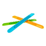 The three color variants of the Spiky Sensory Slap Bracelets stacked on top of each other.
