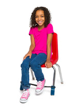 A child sitting on a chair with the Bouncyband for Elementary School Chairs on it.