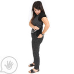 A person adjusting the Weighted Stretch Denim Vest.