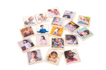 A variety of wooden tiles with images of children of different ages, ethnicities, and abilities making different expressions.