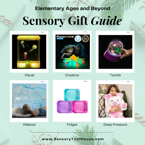 Sensory Gift Guide with six photos of an artificial fish tank, magnetic tiles, snow globe, girl in a tent, fidget nice cube, and a girl holding a stuffed animal pig