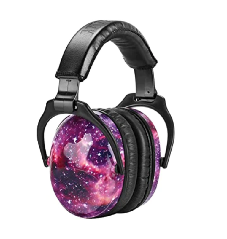 Noise Reducing Headphones with a pink and purple galaxy print on the earmuffs with a white background