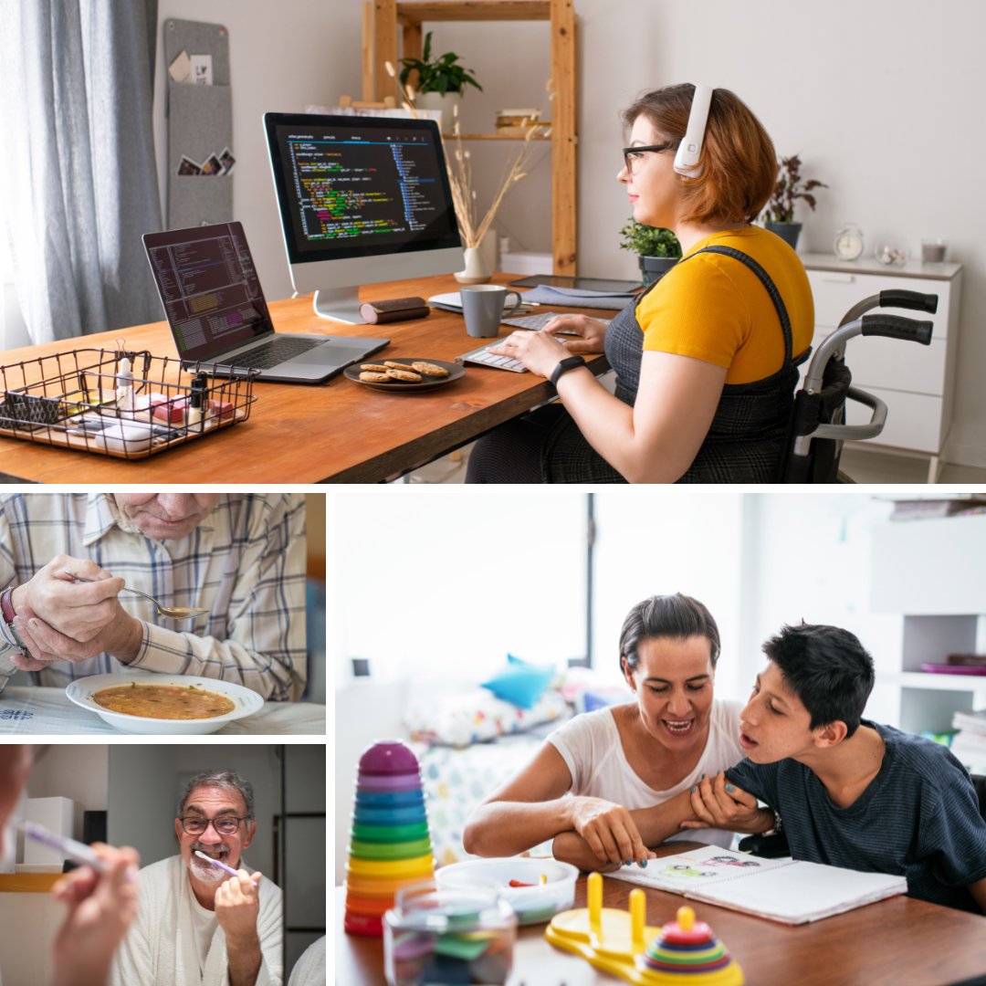 photo collage 1. young woman in a wheelchair working at a computer desk with headphones on. 2. elderly man having difficulty eating cereal 3. middle aged man brushing his teeth, 4. disabled male teen working with an aide at a table. 