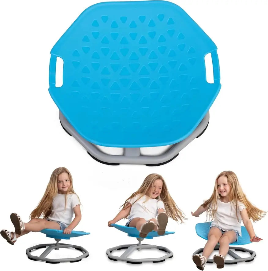Two children in a red Gong Giant spinning top with a white background