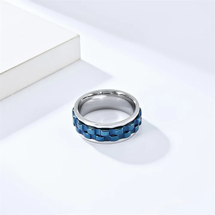 The Silver/Blue Cogwheel Stainless Steel Fidget Ring.