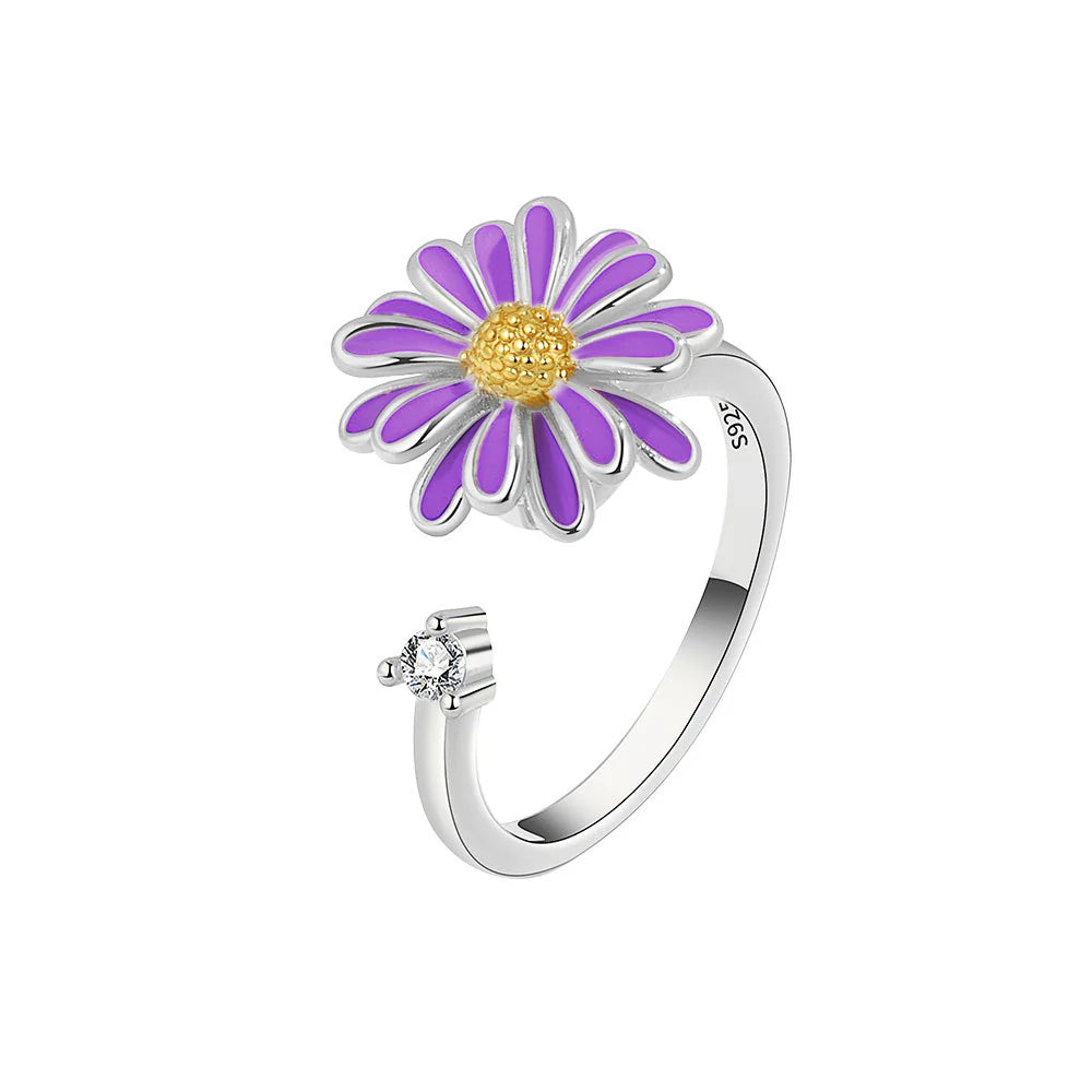 The purple Daisy Flower in Solid Copper with Cubic Zirconia Fidget Ring.