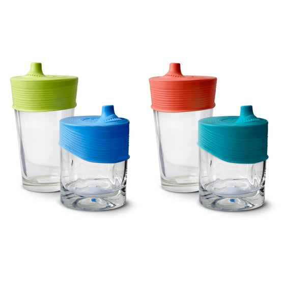 The four colors of the Stretchy Silicone Lids With Sippy Spout.