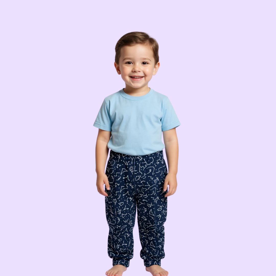 A child wears the constellation Youth Sensory Friendly Fidget Jogger.
