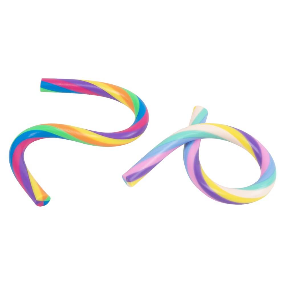 The two different color ways of the 13" Rainbow Stretch Noodle curved.