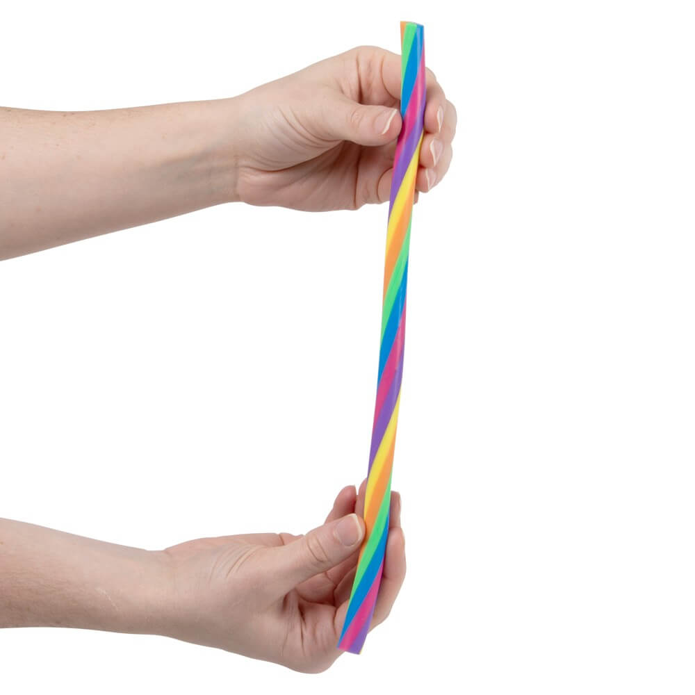 Two hands hold the 13" Rainbow Stretch Noodle.