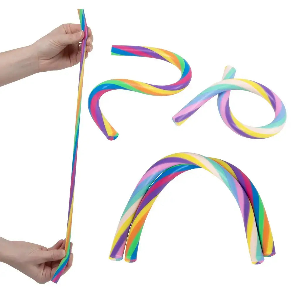 The two different variants of the 13" Rainbow Stretch Noodle.