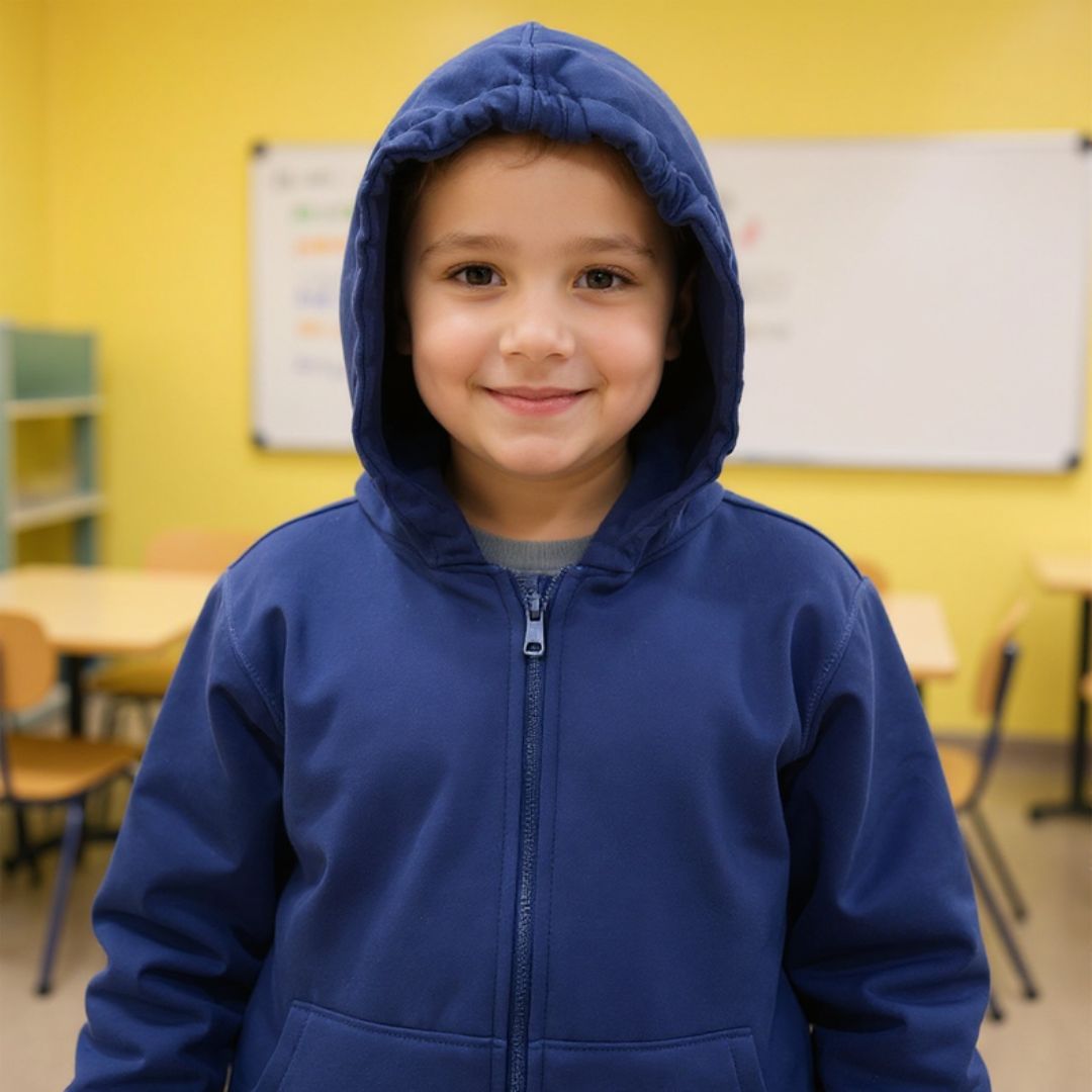 A child wears the Navy Zippered Sound Reducing Sensory Hoodie with the hood pulled up.