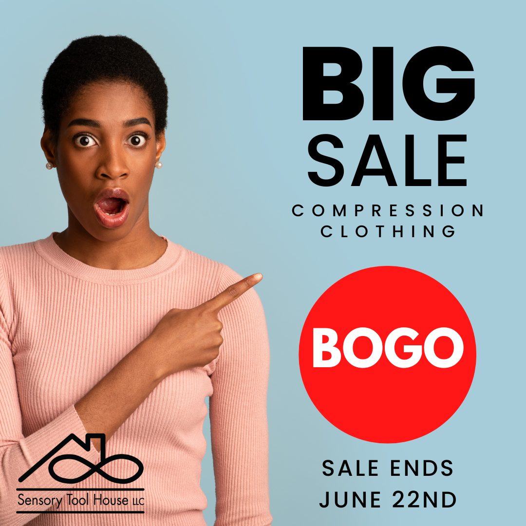 Woman in pink shirt with surprised face pointing at text that say Big Sale Compression Clothing BOGO Sale Ends June 22nd