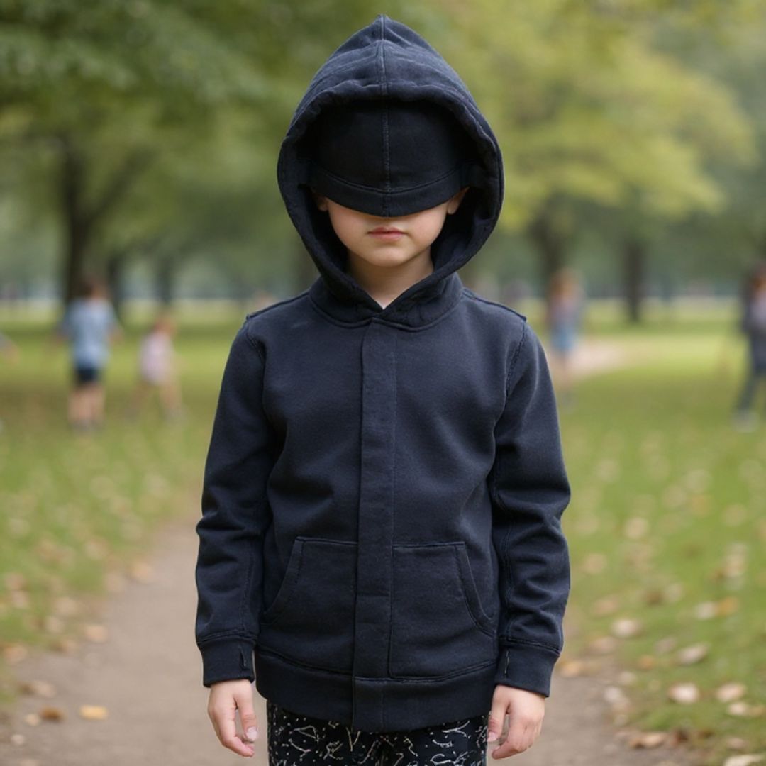 A child stands outside wearing the Navy Sound Reducing Hoodie with the eye mask down.