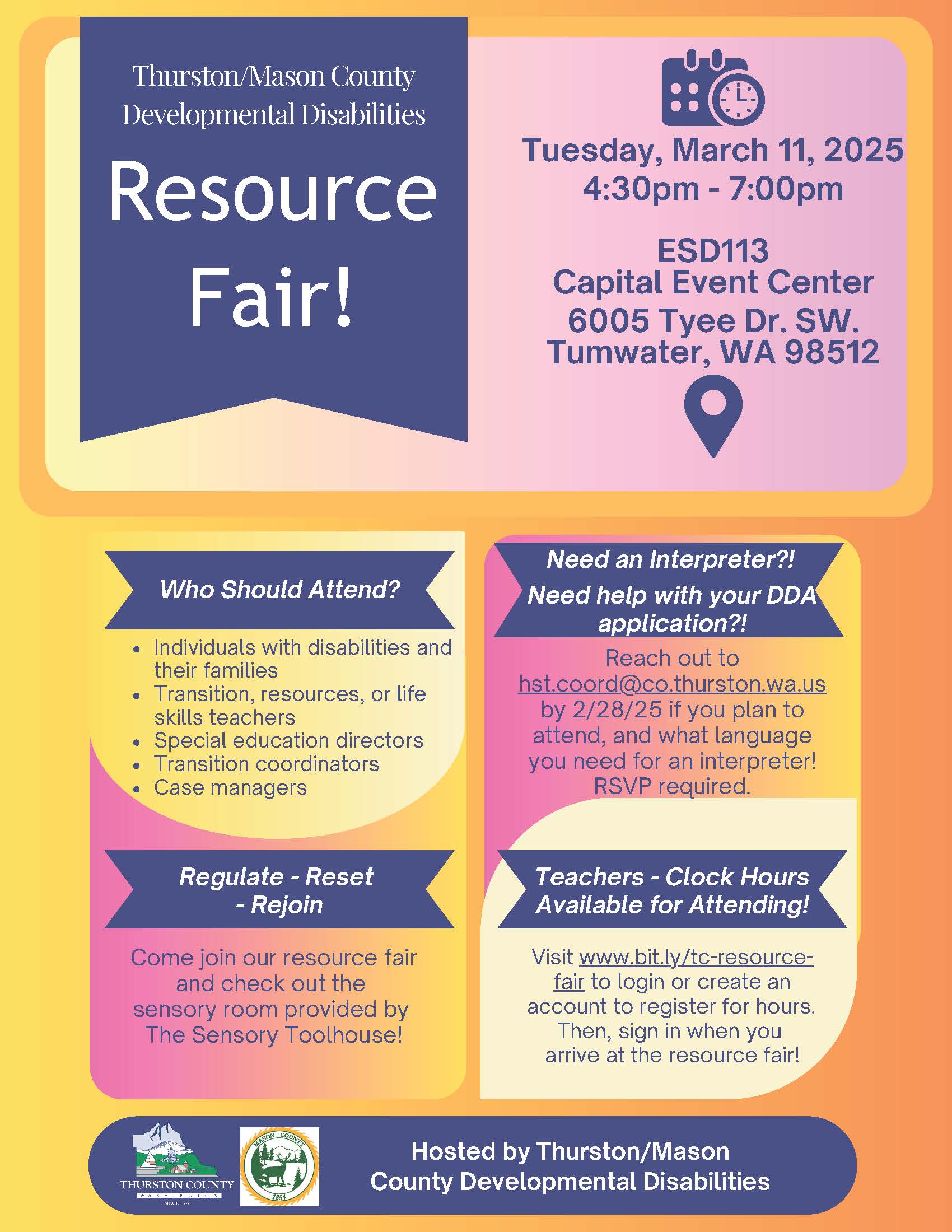 Thurston and Mason County Developmental Disabilities Resource Fair Flyer. Information in Event.