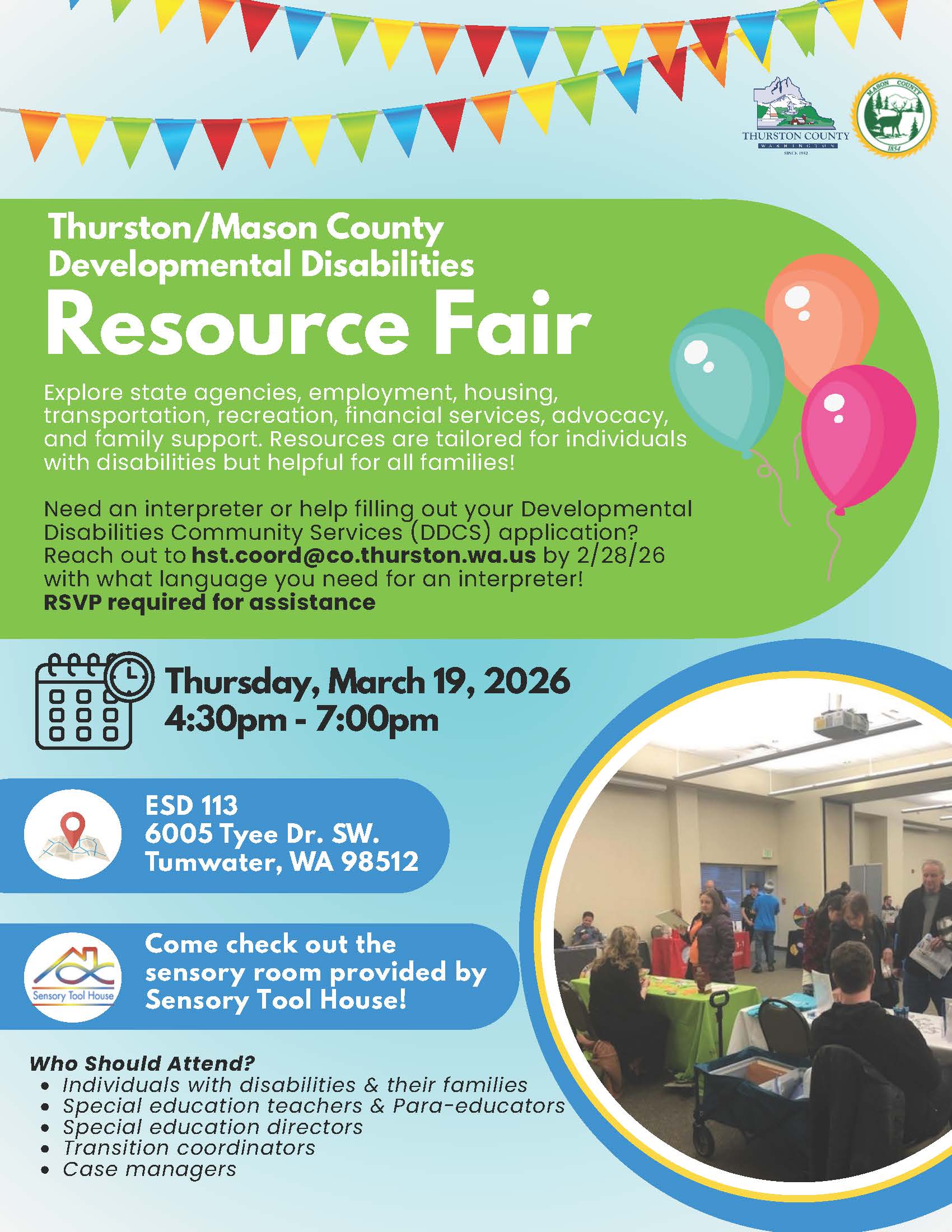 Promotional flyer for Thurston/Mason County Developmental Disabilities Resource Fair with event details and a photo of attendees.