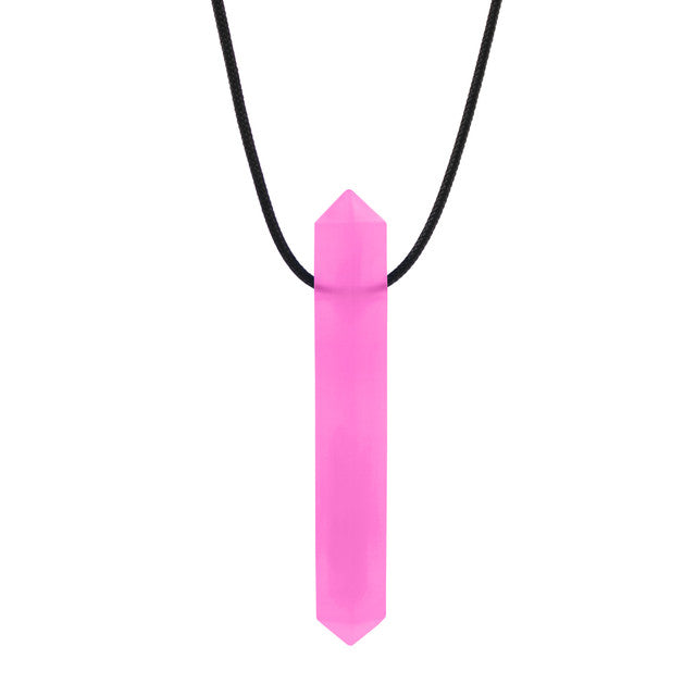The translucent pink Krypto-Bite Chewable Gem Necklace.