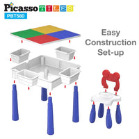An infographic demonstrating the easy construction set-up of the All-in-One Activity Center.