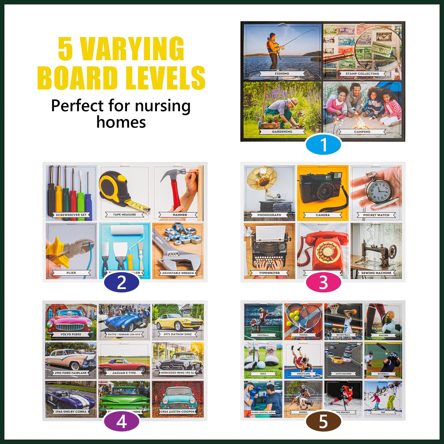 The 5 varying board levels for the Assistex Matching Memory Game.