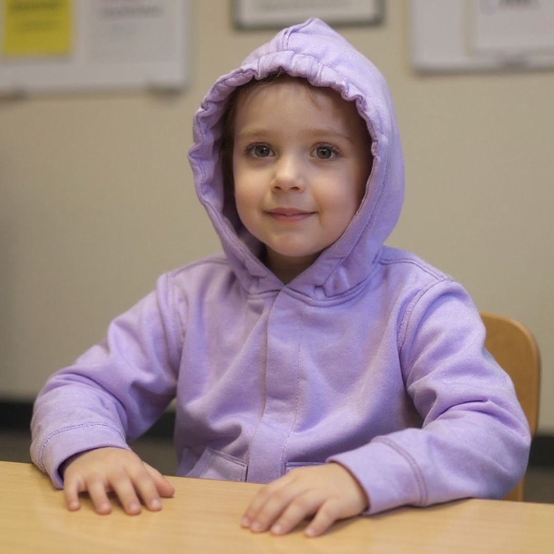 A child sits at a desk with the Lilac Sound Reducing Hoodie pulled up over their head.