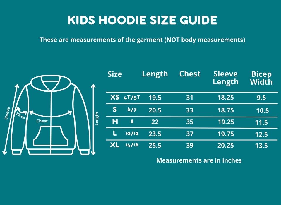 The size chart for the Zippered Sound Reducing Sensory Hoodie. 