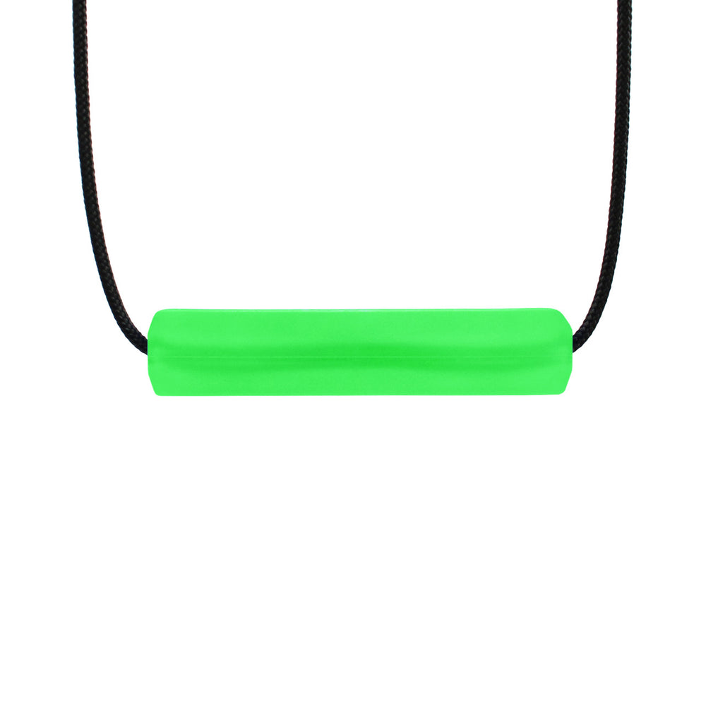 The translucent green Krypto-Bite Chewable Tube Necklace.