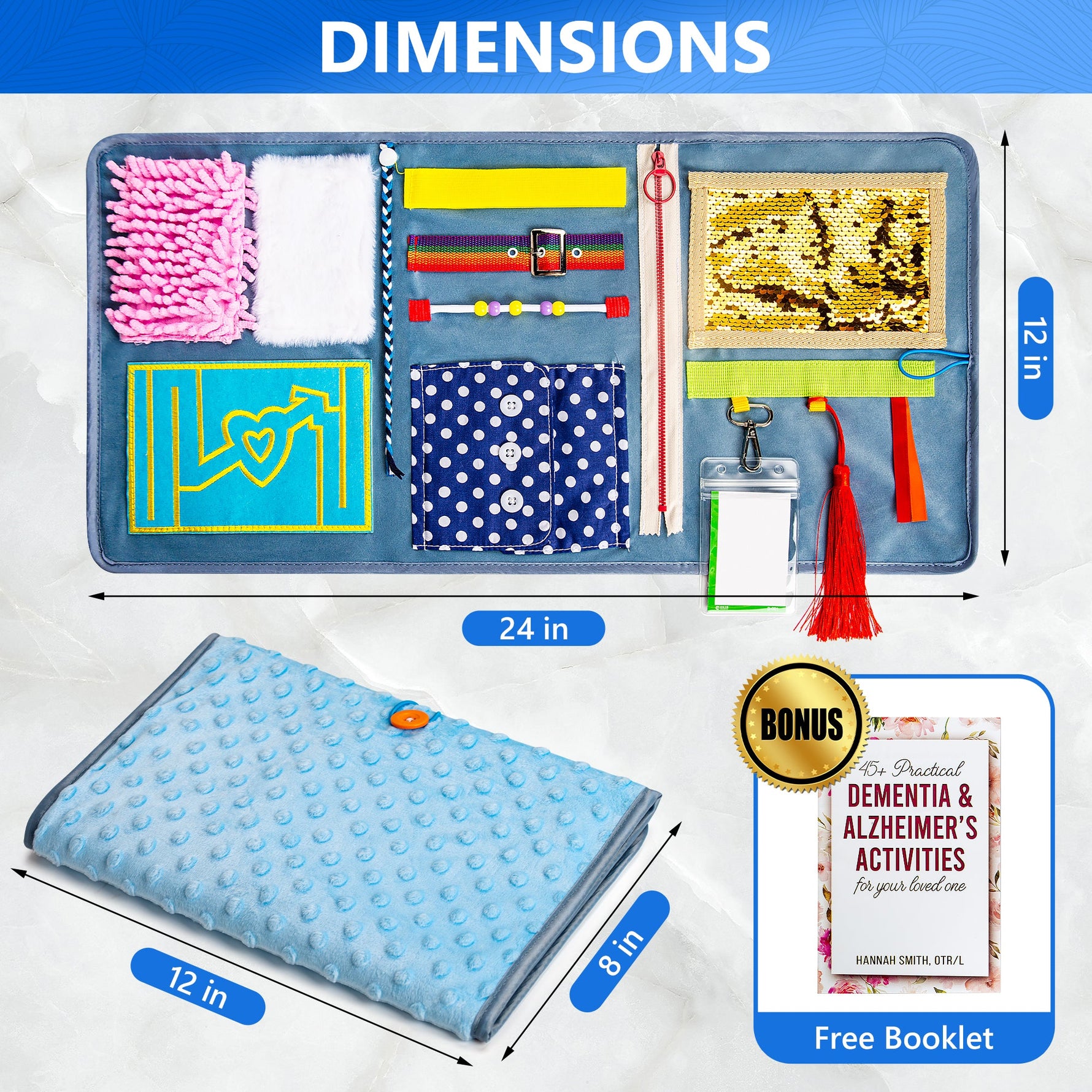 An infographic showing the dimensions of the Assistex Fidget Blanket.