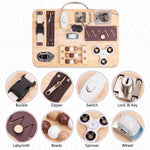 An infographic showing the individual fidgets on the Fidget Busy Board for Adults.