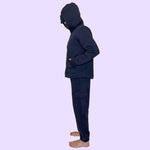 An adult wears the Navy Sensory Friendly Fidget Joggers and the Sound Reducing Sensory Hoodie.