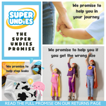 An infographic displaying the Super Undies promise to help stop leaks and get the right size.