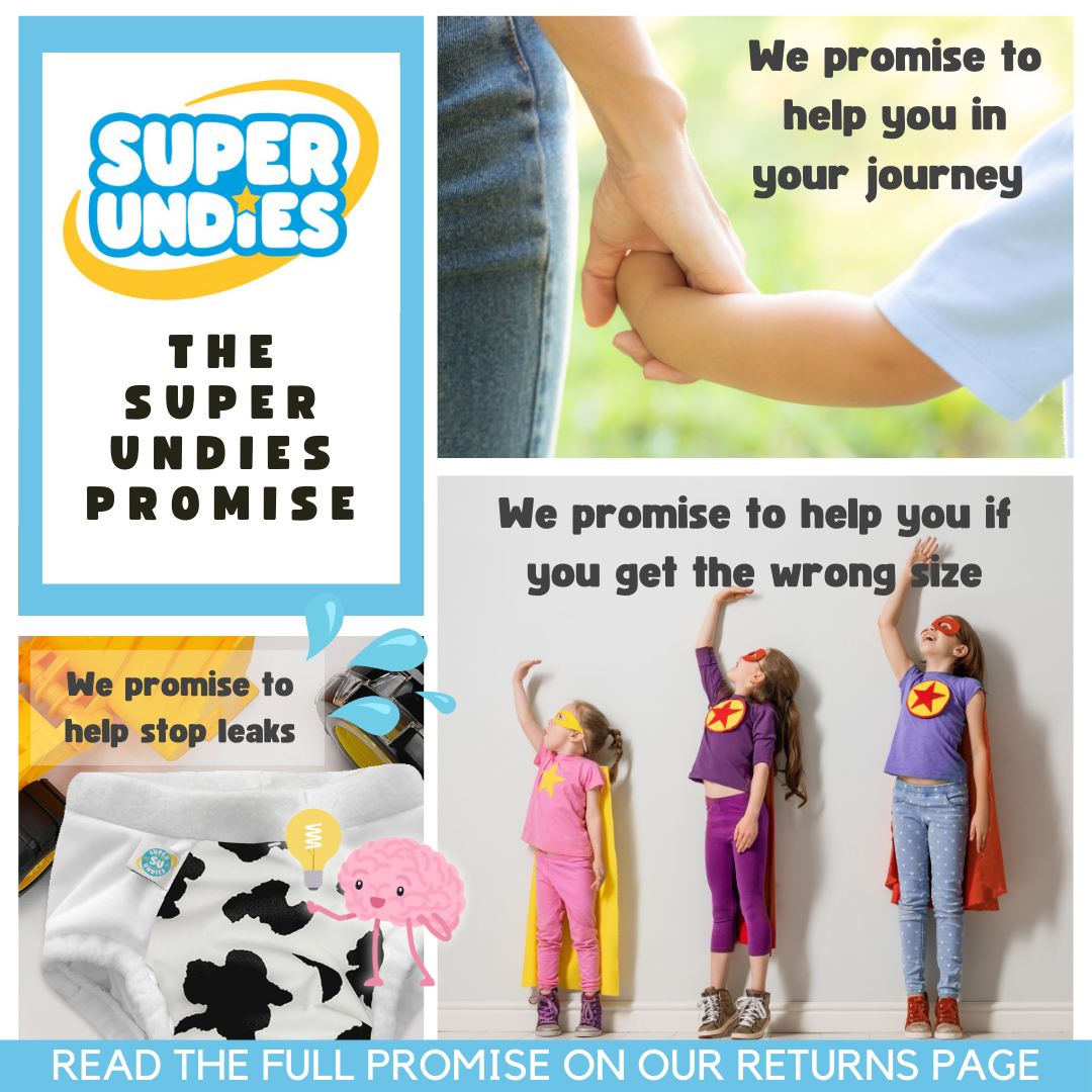 An infographic displaying the Super Undies promise to help stop leaks and get the right size.
