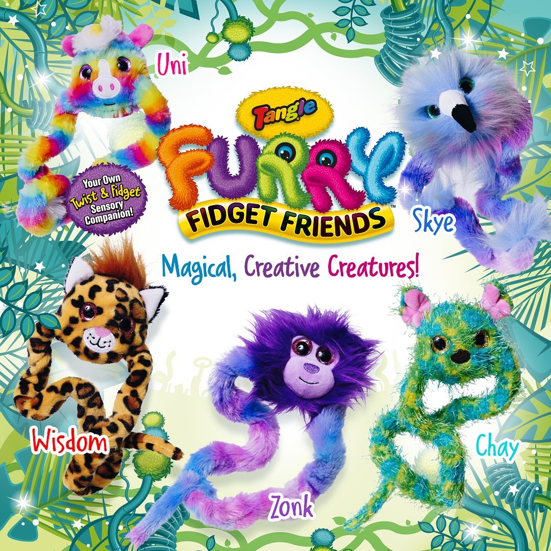 An infographic with all of the varieties of Tangle Furry Fidget Friends in the jungle.