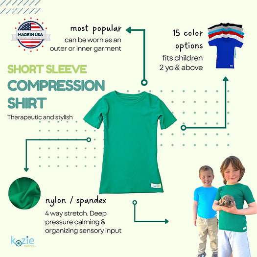 An infographic about the Kozie 4-Way Nylon Classic Plain and Simple Compression Short Sleeve Shirt.