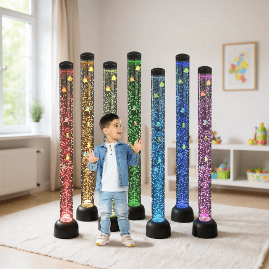 Multiple bubble tubes illuminate in rainbow colors behind a child standing in a living room.