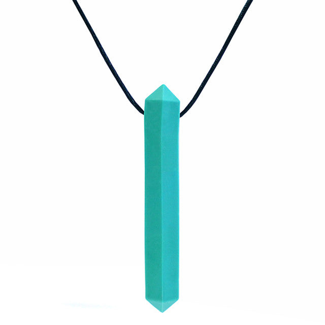 The teal Krypto-Bite Chewable Gem Necklace.