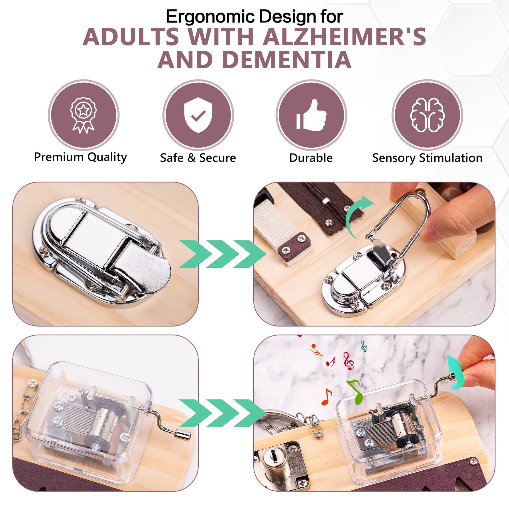 An infographic demonstrating the ergonomic design of the Assistex Fidget Busy Board for Adults.