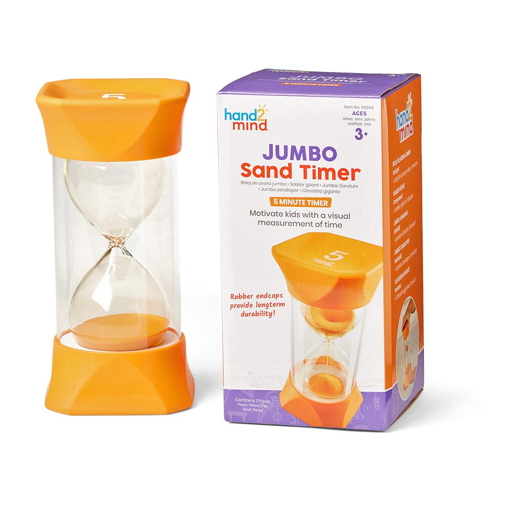 The Jumbo 5 Minute Sand Timer sits next to the product package.