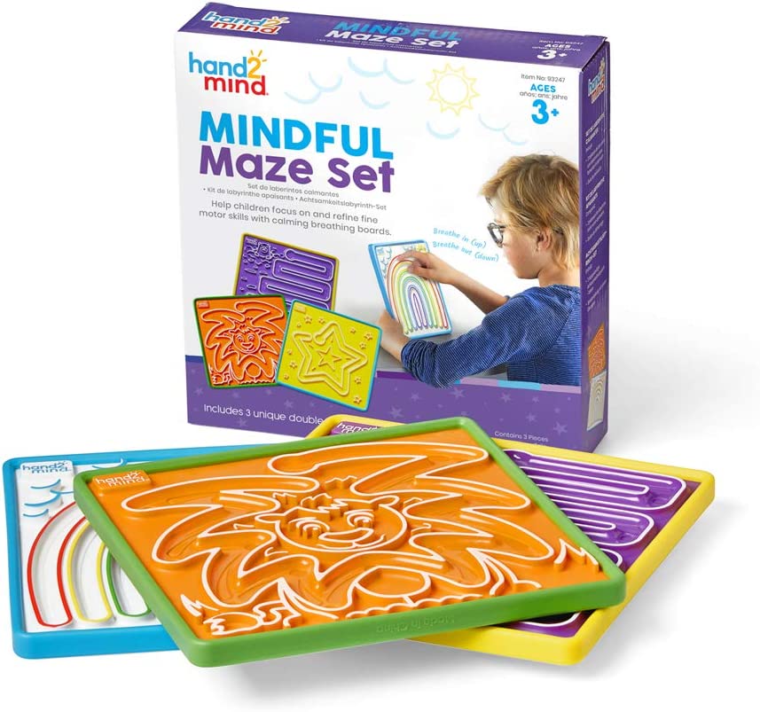 The product package for the Mindful Maze Set and the three mazes are displayed in front of it.