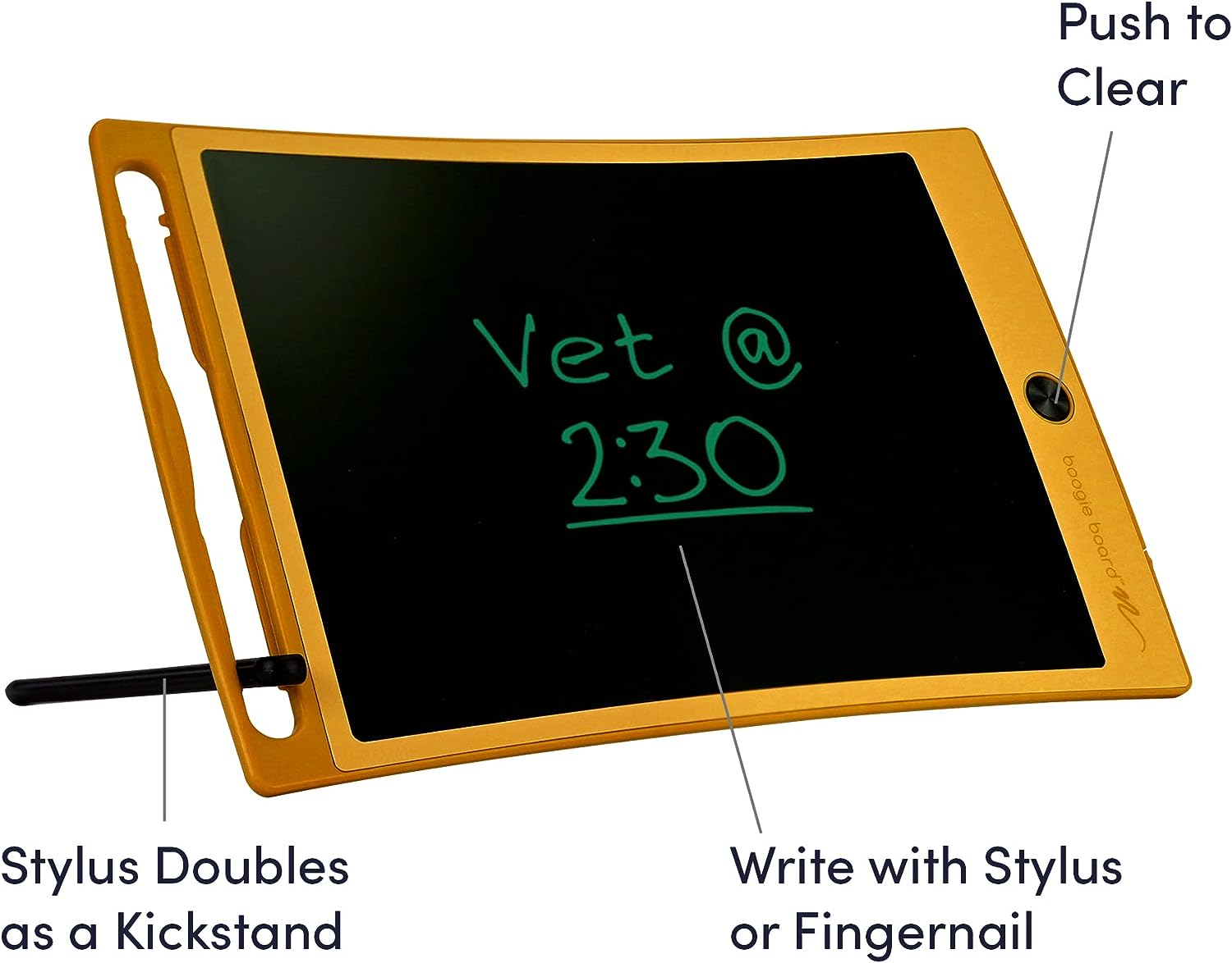 An infographic showing the features of the Kids Boogie Board Jot.